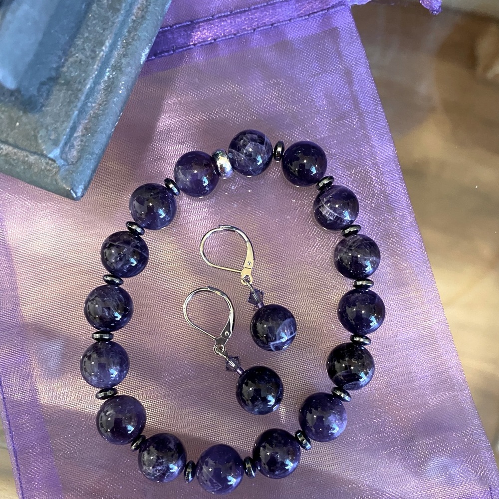Private label handmade 10mm Amethyst earrings & bracelet with Hematite crystals